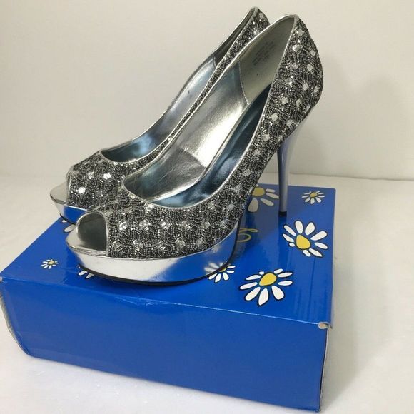 De Blossom Collection Women's Mandy 16 Peep Toe Heels Pewter Glitter Size 11 - Picture 1 of 9